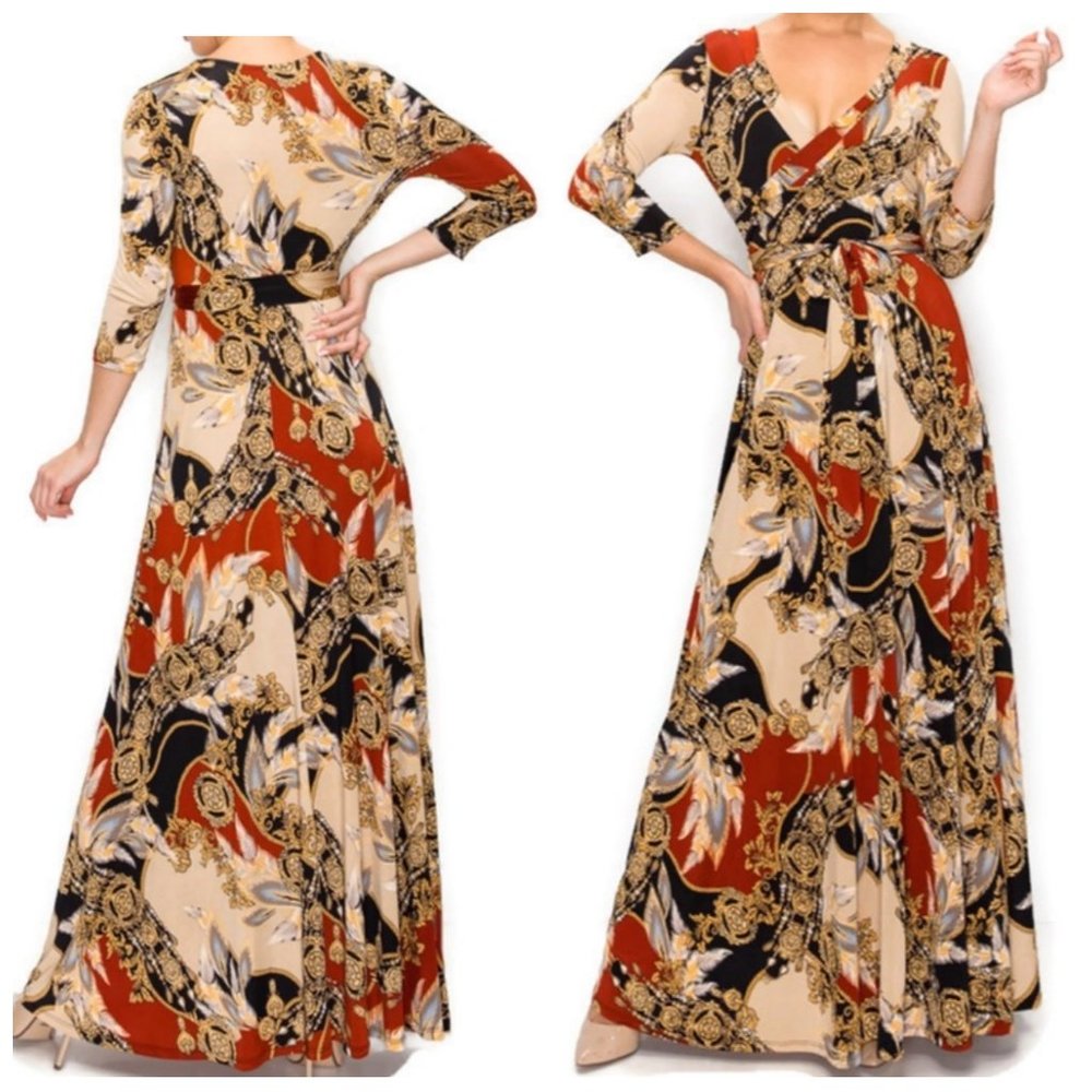 Janette Fashion Dreamcatcher Gold Rust Faux Wrap Maxi Dress